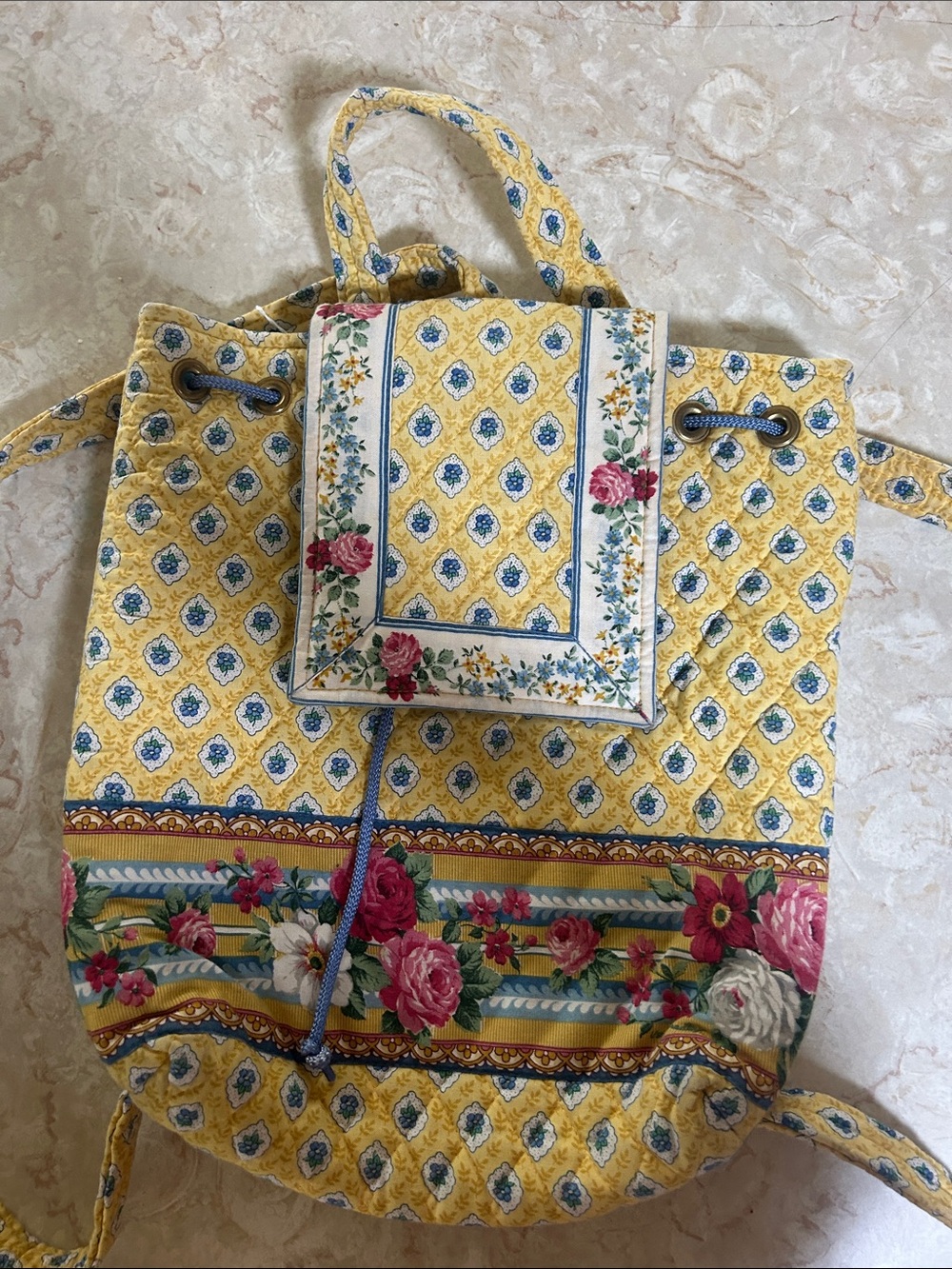 Vera Bradley Yellow Quilted Floral Drawstring Backpack